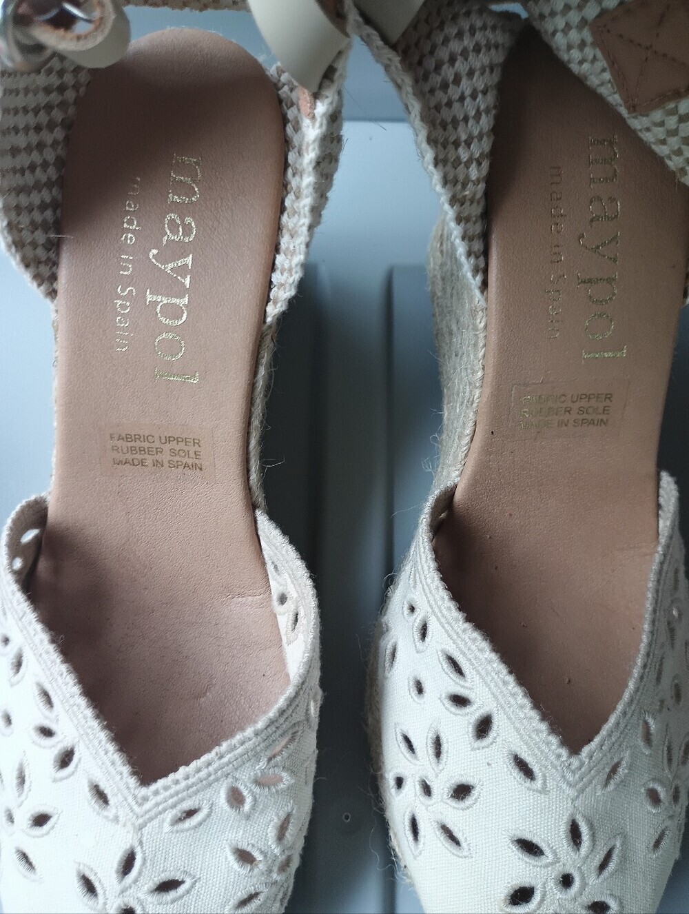 Cream-colored Maypol Beige Eyelet Canvas Espadrille Wedge Sandals Made in Spain - Picture 13 of 16